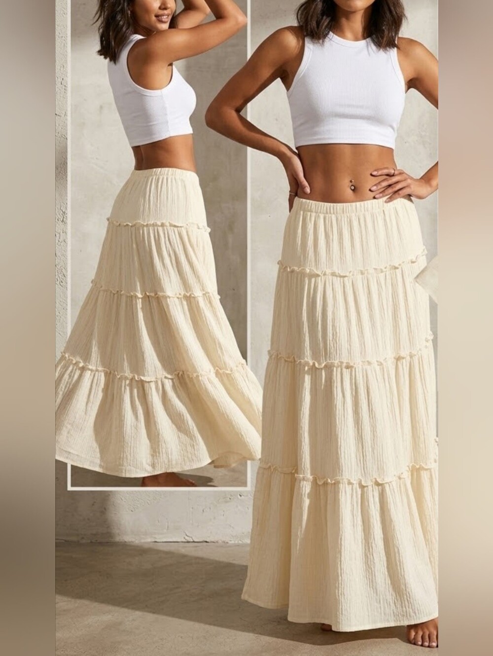 Hollister 100% Viscose Cream Tiered Maxi Skirt - Women Small